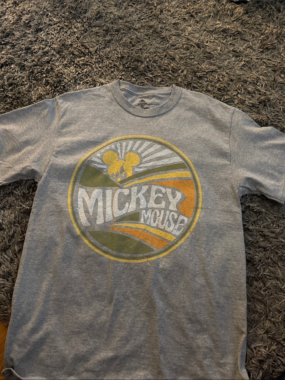 Disney Gray Short Sleeve Mickey Mouse Graphic Tee with Yellow & Olive Accents